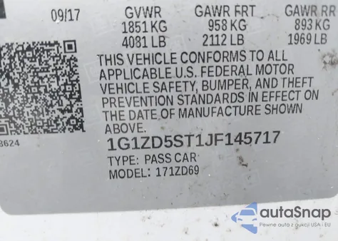 2018 Chevrolet Malibu Lt z USA, uszkodzony, nr VIN 1G1ZD5ST1JF145717